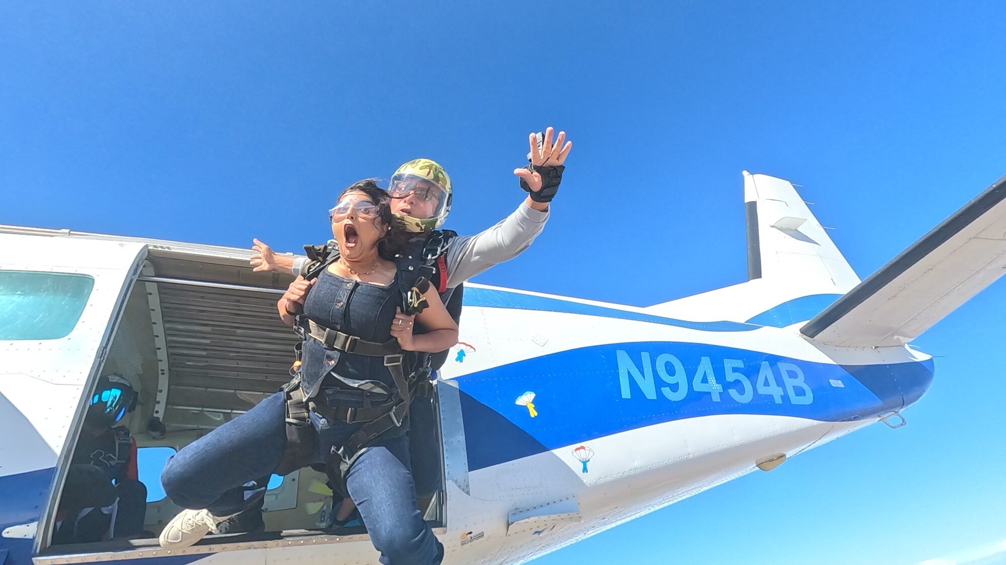 Tandem skydiver in freefall