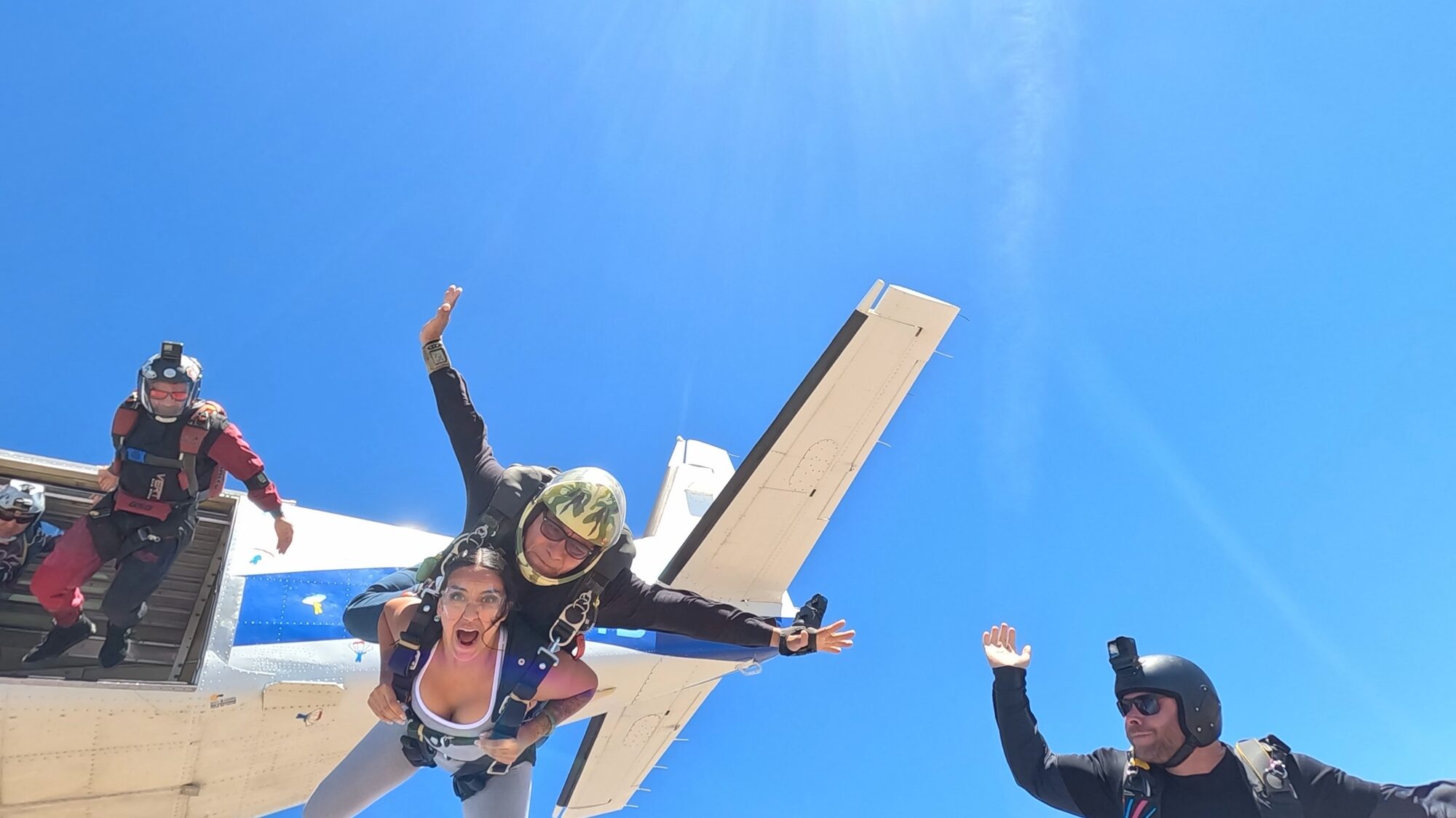Skydiver celebrating in freefall